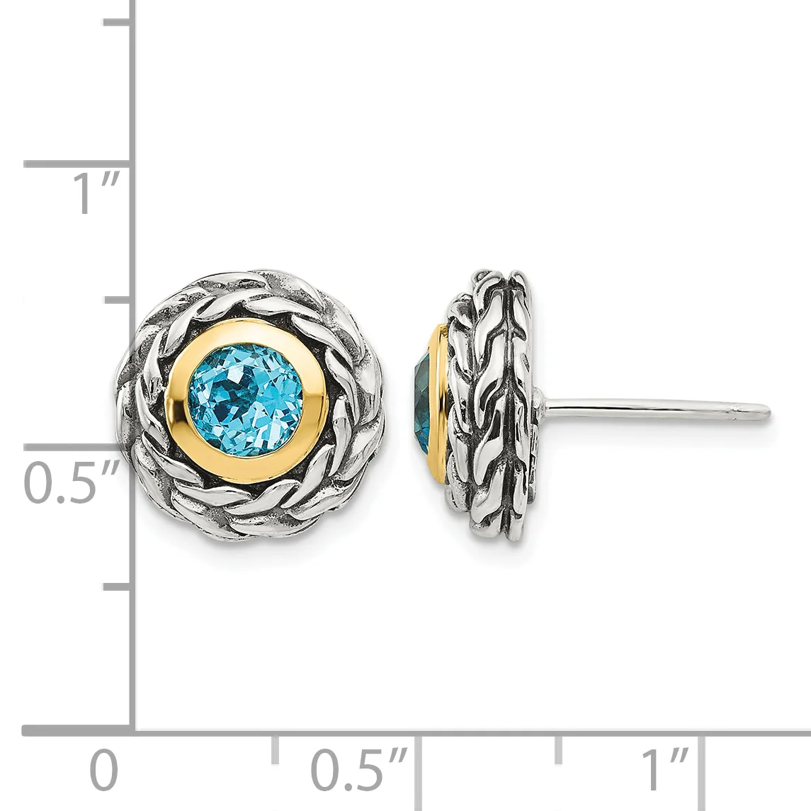Pair of two-tone stud earrings featuring round blue topaz stones set in gold bezels surrounded by twisted silver rope-textured frames, shown front and side view with a measurement scale.