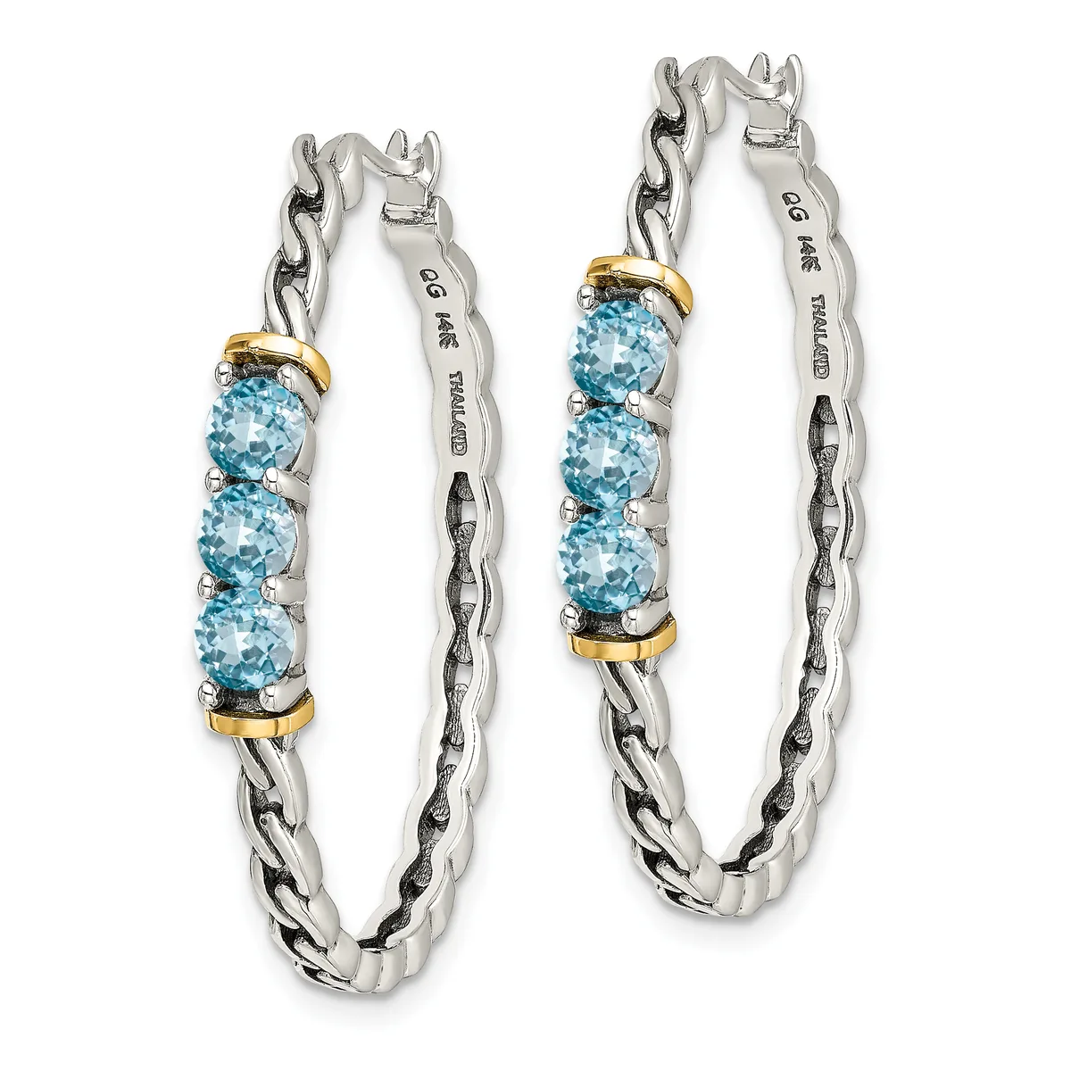 A pair of silver chain hoop earrings with blue topaz gemstones set in gold-tone accents, shown from the front.