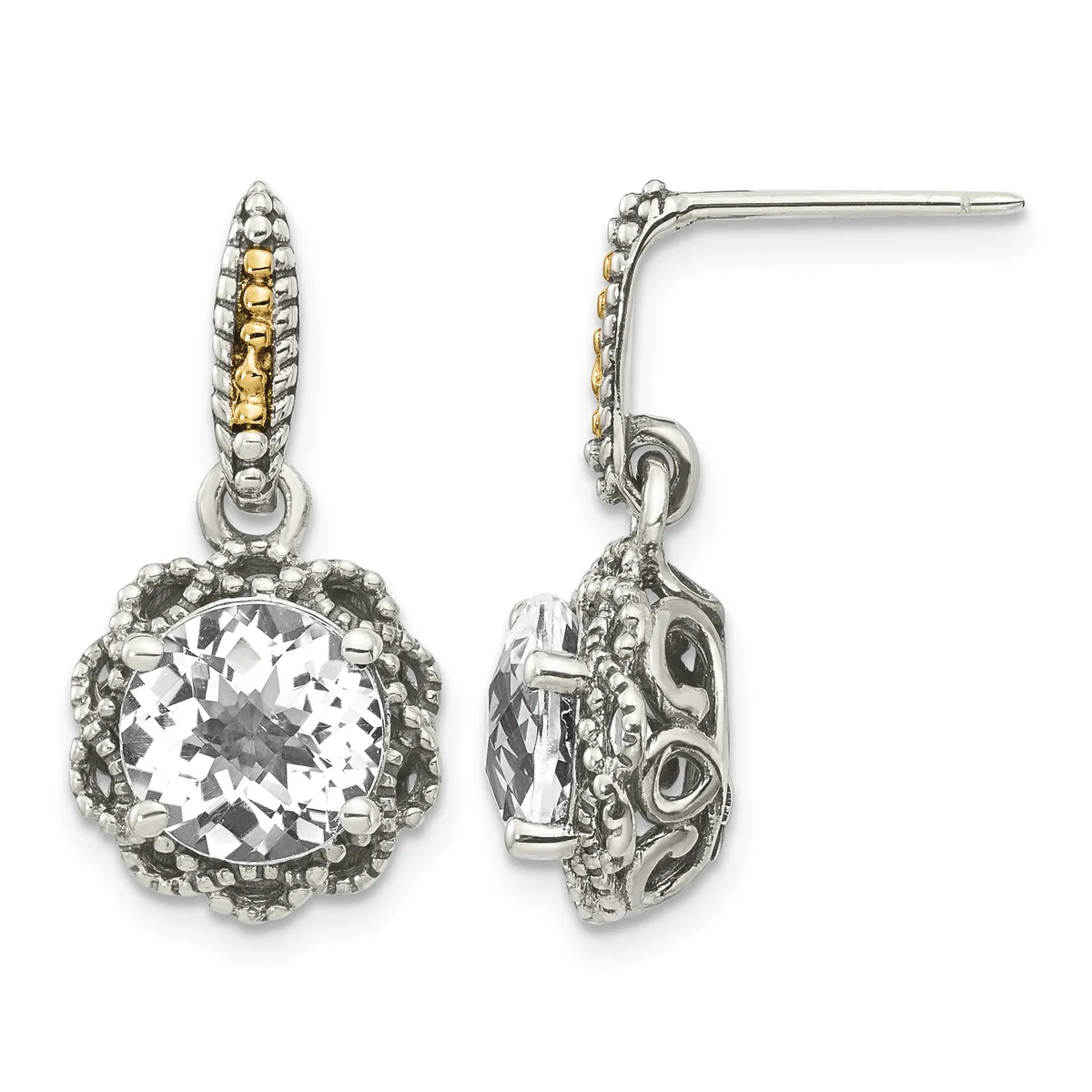 Pair of silver drop earrings with ornate filigree posts, each featuring a large cushion-cut clear crystal stone surrounded by a decorative beaded border, shown from front and side views.