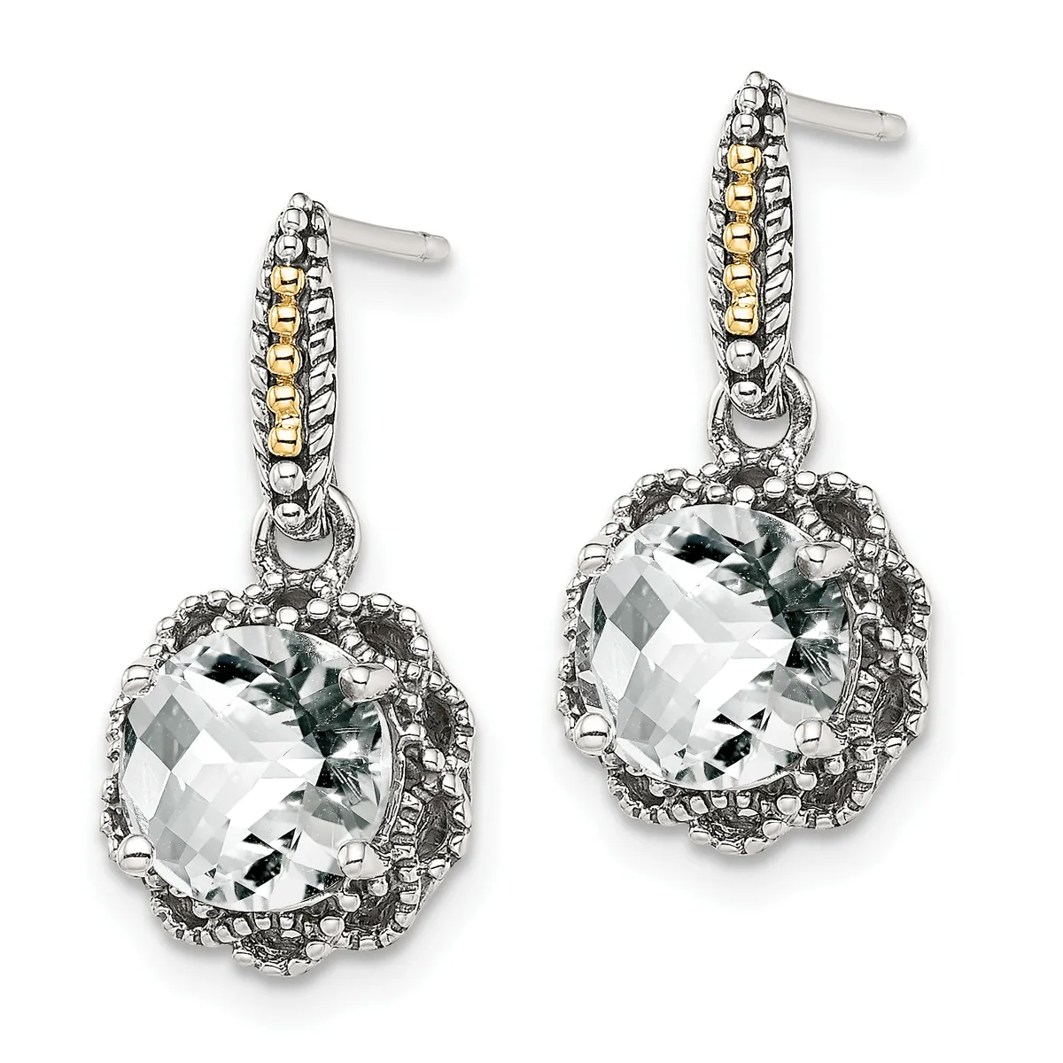 Pair of silver-tone drop earrings with gold-accented posts, each featuring a cushion-cut faceted clear gemstone surrounded by a decorative beaded border.