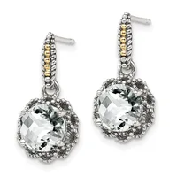 Pair of silver-tone drop earrings with gold-accented posts, each featuring a cushion-cut faceted clear gemstone surrounded by a decorative beaded border.