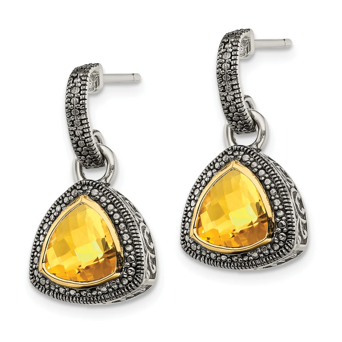 Pair of silver drop earrings with textured curved posts, each suspending a triangular faceted citrine stone set in an ornate beaded silver frame.