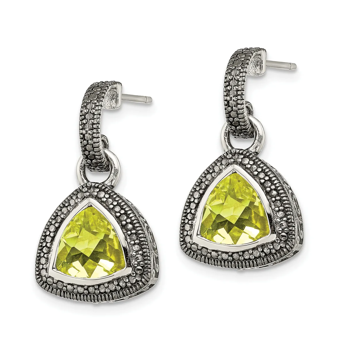 Pair of silver dangle earrings with triangular faceted yellow-green stones surrounded by ornate beaded bezels and topped with textured curved posts.