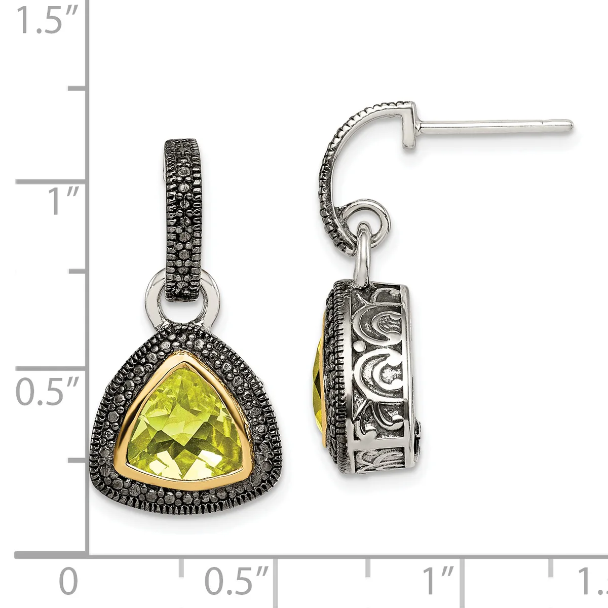 Pair of silver drop earrings with triangular yellow-green gemstones in gold bezels, surrounded by black marcasite, with decorative post backs, shown against a ruler for scale.