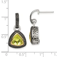 Pair of silver drop earrings with triangular yellow-green gemstones in gold bezels, surrounded by black marcasite, with decorative post backs, shown against a ruler for scale.