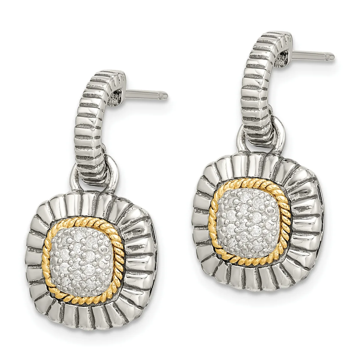 A pair of silver drop earrings with textured posts and cushion-shaped pendants featuring diamond pavé centers surrounded by fluted silver frames with gold-tone twisted borders.
