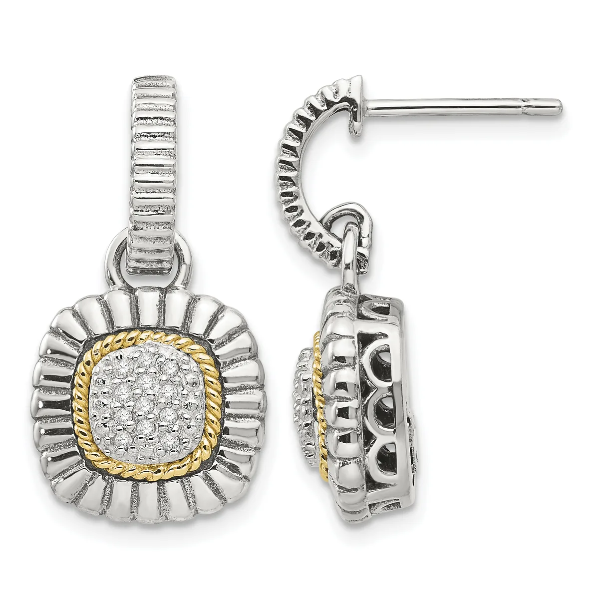 Pair of silver drop earrings with textured rectangular posts, radiating fluted frames, gold-toned rope borders, and pavé diamond cushion-shaped centers.
