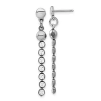 Pair of stainless steel drop earrings with polished ball studs, featuring dangling chains of small faceted round crystals and larger polished spheres.