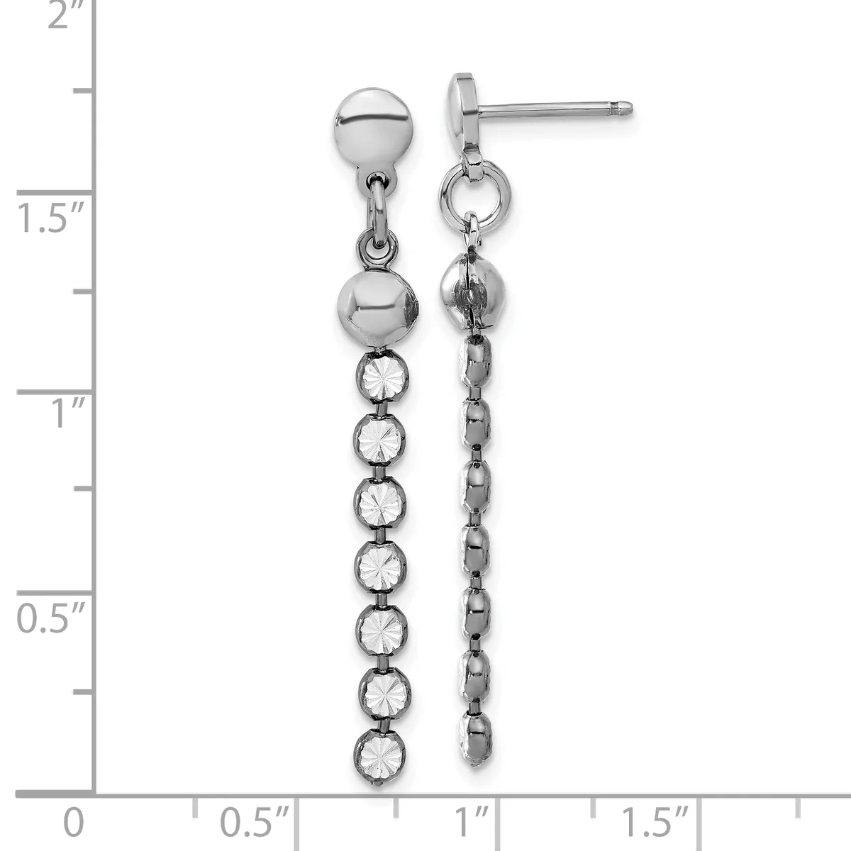 A pair of silver-toned drop earrings featuring a polished ball post with an attached chain of round rhinestones and linked metal segments, displayed against a measurement ruler.