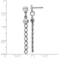 A pair of silver-toned drop earrings featuring a polished ball post with an attached chain of round rhinestones and linked metal segments, displayed against a measurement ruler.