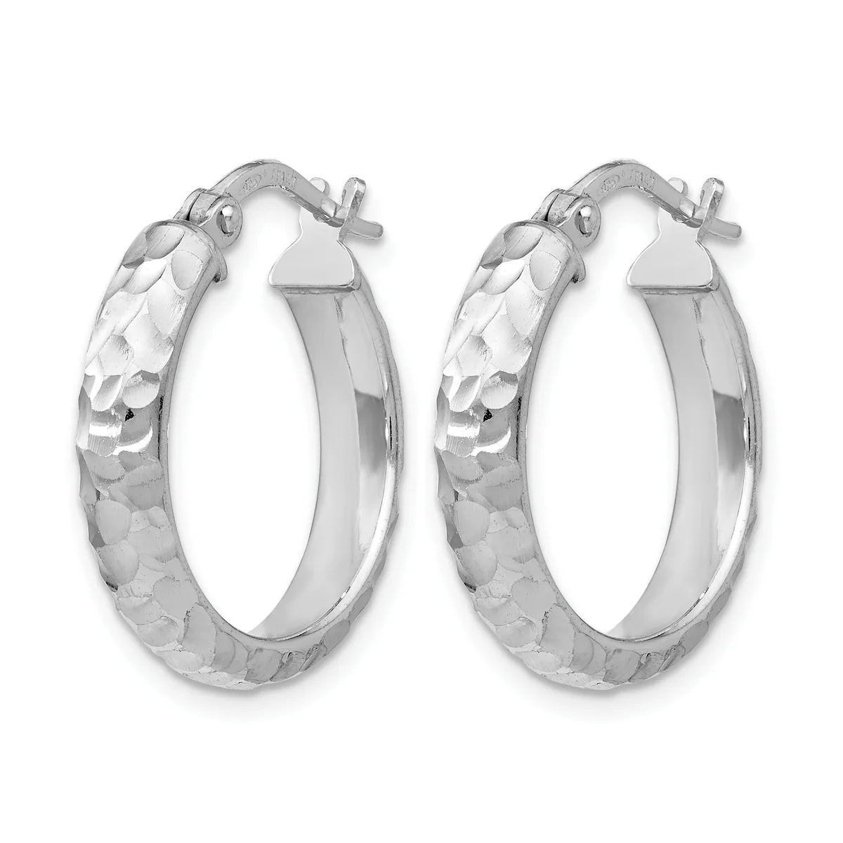 A pair of silver hoop earrings with a hammered or textured finish on the outer surface and smooth inner surface, shown from the front against a white background.