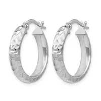 A pair of silver hoop earrings with a hammered or textured finish on the outer surface and smooth inner surface, shown from the front against a white background.