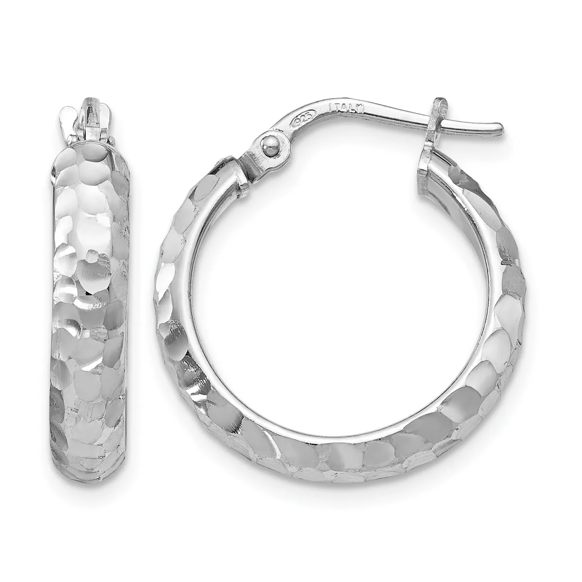 A pair of silver hoop earrings with a textured hammered finish, shown from the front and side views with post and clutch closures.