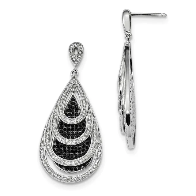 A pair of silver teardrop earrings with nested black gemstone centers surrounded by white diamond pavé and milgrain detailing, shown from front and side views.
