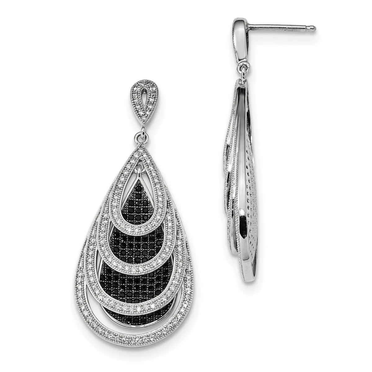 A pair of silver teardrop earrings with nested black gemstone centers surrounded by white diamond pavé and milgrain detailing, shown from front and side views.