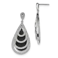 A pair of silver teardrop earrings with nested black gemstone centers surrounded by white diamond pavé and milgrain detailing, shown from front and side views.