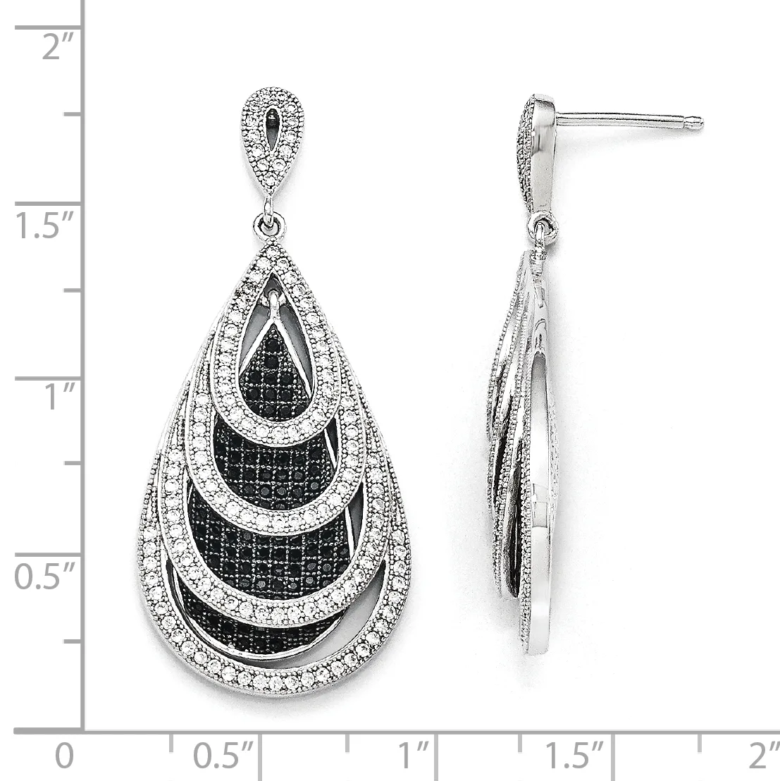 Sterling silver teardrop earrings with layered black and white cubic zirconia pave, shown front and side view with measurement scale.