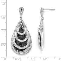 Sterling silver teardrop earrings with layered black and white cubic zirconia pave, shown front and side view with measurement scale.