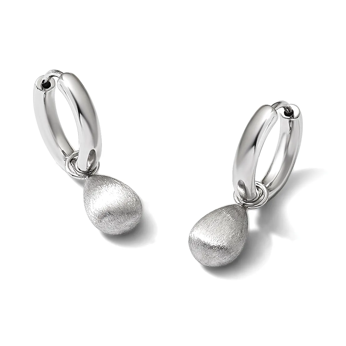 A pair of silver hoop earrings with matte finish spherical pendants hanging from polished curved hoops.