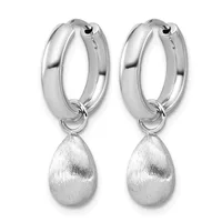 Pair of silver hoop earrings with polished rounded tops and brushed teardrop charms hanging below.