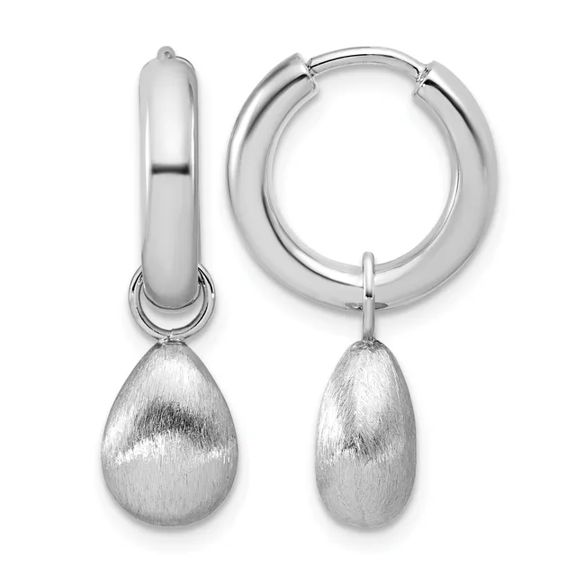 A pair of silver hoop earrings with polished rounded hoops and textured teardrop-shaped pendants hanging from the bottom.