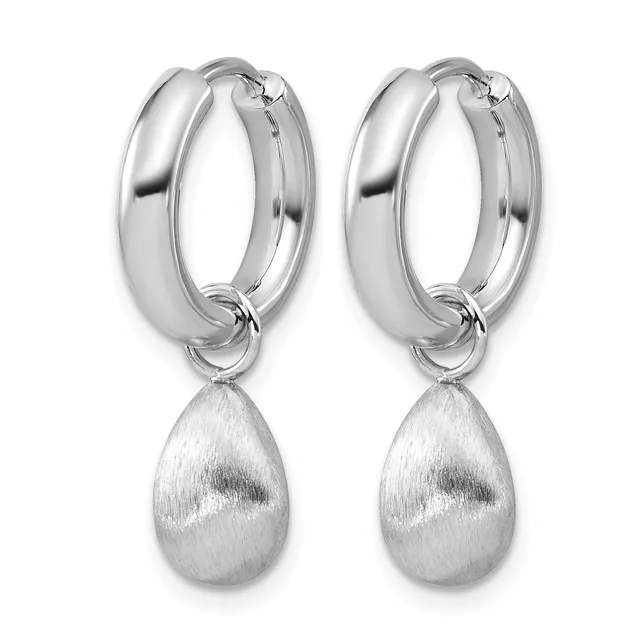 A pair of polished silver hoop earrings with brushed teardrop pendants hanging from the bottom.