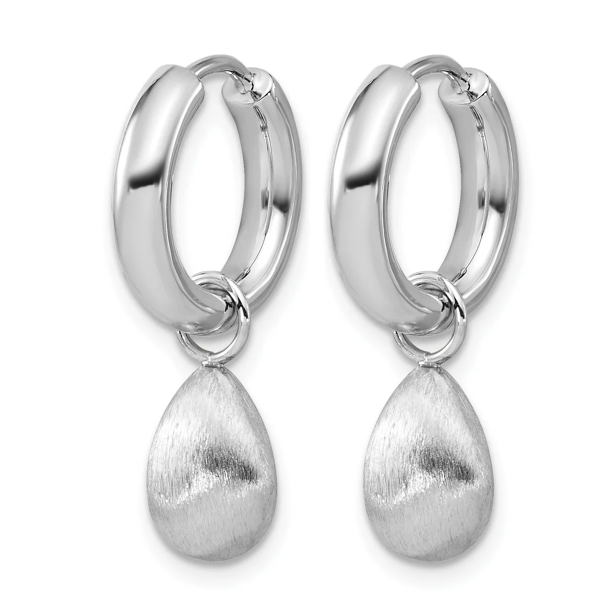 A pair of polished silver hoop earrings with brushed teardrop pendants hanging from the bottom.