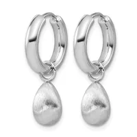 A pair of polished silver hoop earrings with brushed teardrop pendants hanging from the bottom.
