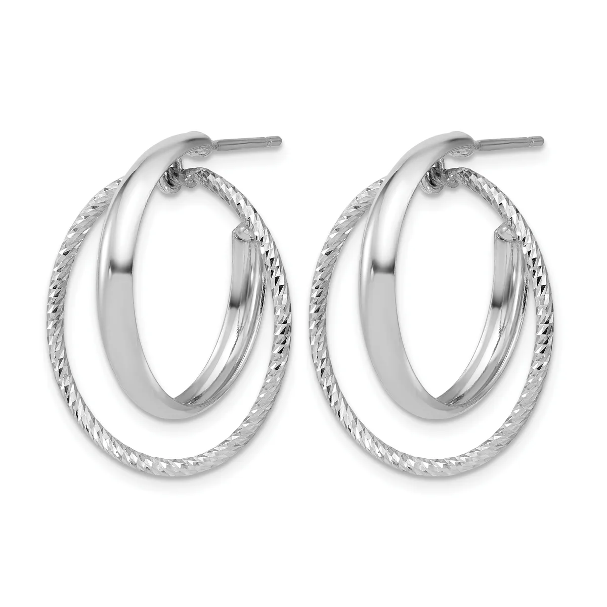 Pair of silver double hoop earrings with textured outer bands and polished inner bands, shown from the front with post and butterfly back closures.