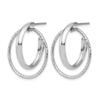 Pair of silver double hoop earrings with textured outer bands and polished inner bands, shown from the front with post and butterfly back closures.