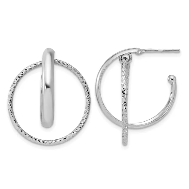 Pair of silver hoop earrings with twisted and smooth textured bands arranged in a circular design, shown from front and back views.