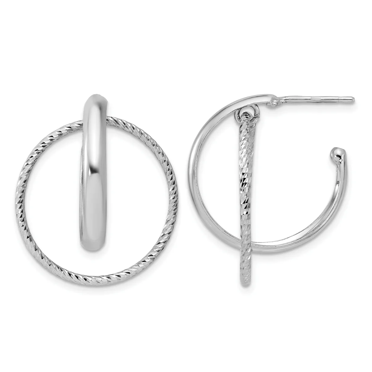 Pair of silver hoop earrings with twisted and smooth textured bands arranged in a circular design, shown from front and back views.