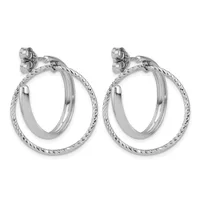 A pair of silver-toned double hoop earrings with twisted texture on the outer hoops and smooth inner hoops, displayed against a white background.