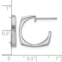 A pair of square hoop earrings with rounded corners in polished silver, shown with a measurement scale indicating approximately one inch in height and half inch in width.