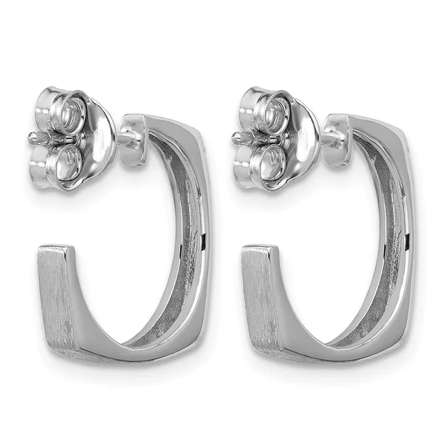 A pair of polished silver hoop earrings with a brushed rectangular panel at the base and stud posts with backing closures.