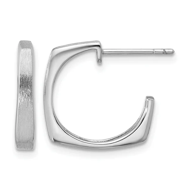 A pair of sterling silver hoop earrings with a brushed finish on the flat face and polished edges, shown from the front on a white background.