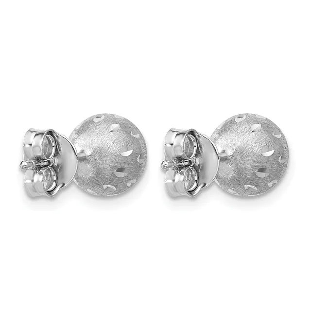 Pair of silver stud earrings with textured spherical backs featuring small circular indentations and polished front posts with decorative bow-shaped settings.