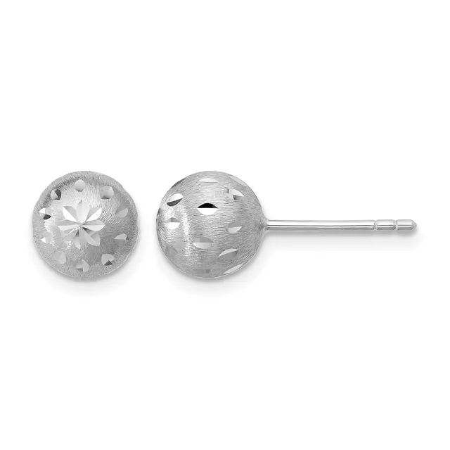 Pair of silver stud earrings with brushed finish and diamond-cut surface pattern, shown from front and back views.