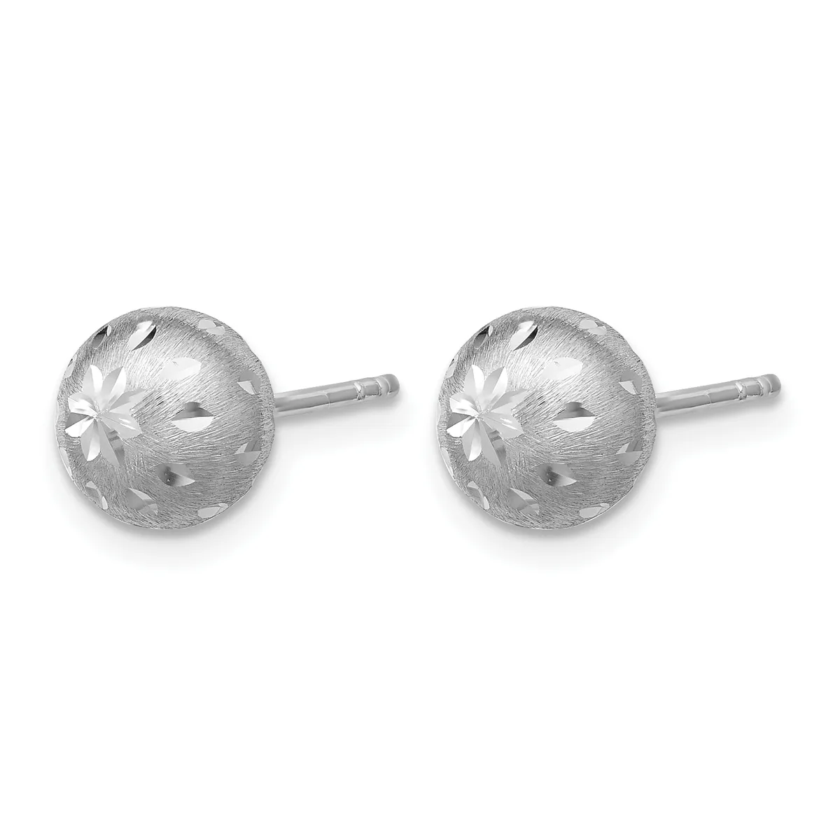 Pair of silver ball stud earrings with a textured surface featuring star and circular cutout patterns, shown with posts and backs attached.