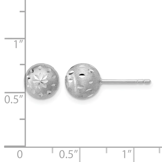 Two spherical silver stud earrings with textured satin finish and decorative cutout patterns, shown against a measurement scale.