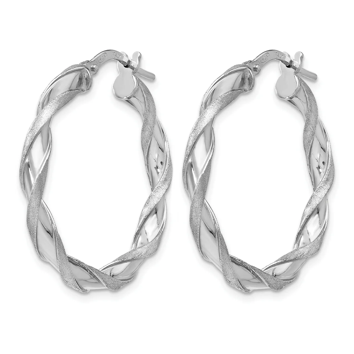 A pair of silver twisted hoop earrings with a textured and polished finish, shown against a white background.