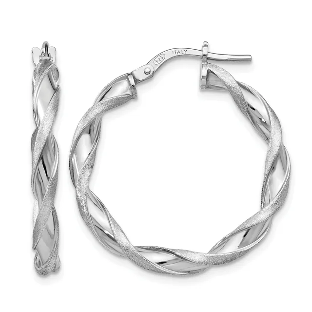 Pair of silver twisted hoop earrings with textured and polished sections, shown from front and side views with post and clutch closures.