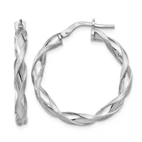 Pair of silver twisted hoop earrings with textured and polished sections, shown from front and side views with post and clutch closures.