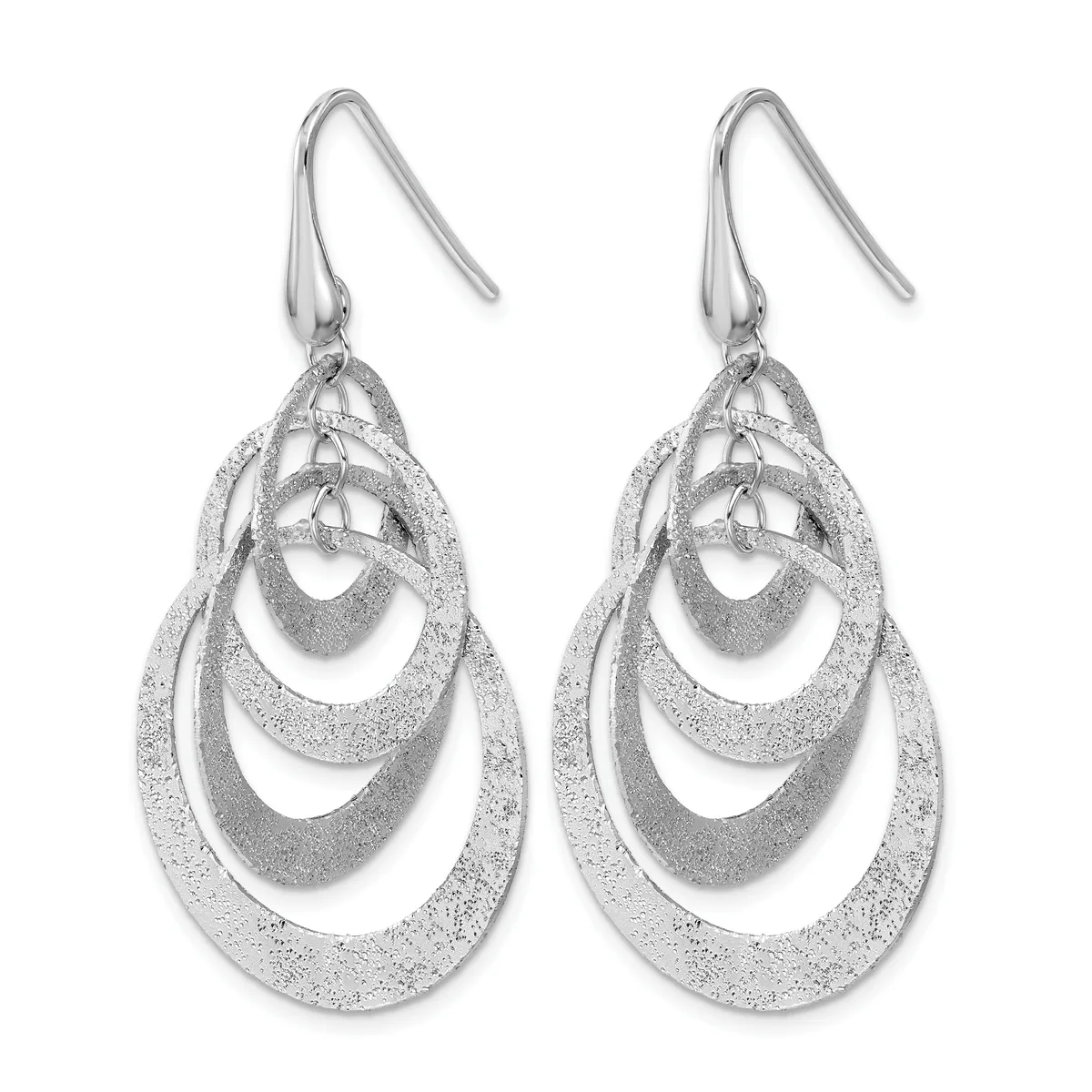 Pair of silver teardrop earrings with nested oval rings featuring a textured finish, suspended from hook-style wires.