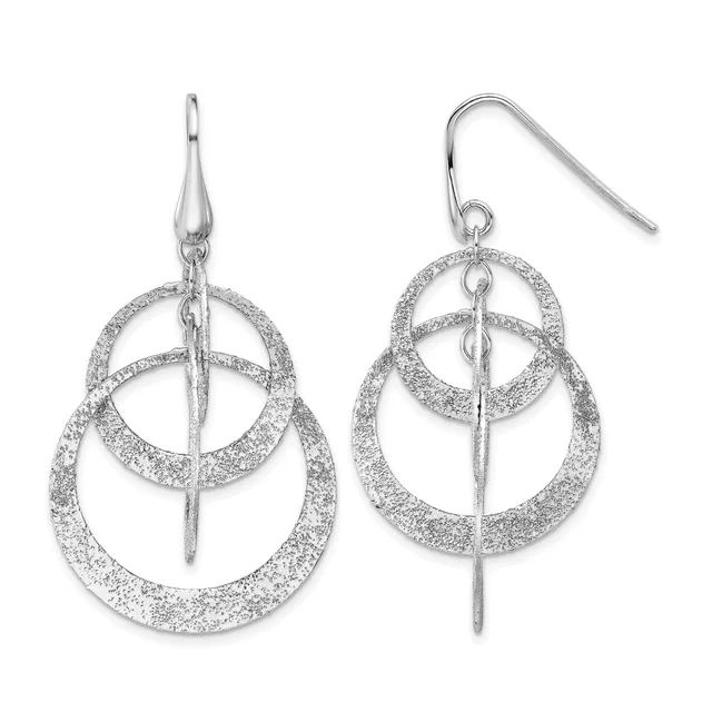 Pair of silver dangle earrings with textured concentric circles and vertical bars, shown from front and side angles.