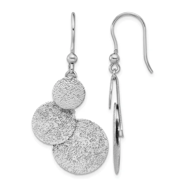 A pair of silver fish hook earrings with three graduated textured discs hanging in decreasing size from each ear wire.