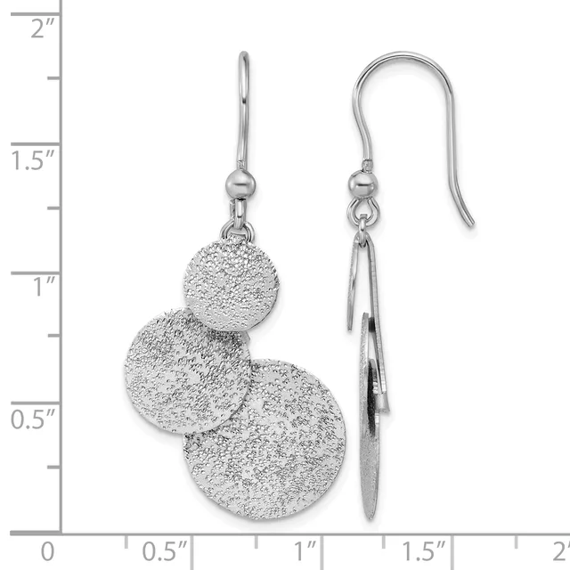 Pair of silver dangle earrings with three textured spheres in descending sizes, shown next to a ruler measuring approximately two inches in total length.
