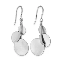 Pair of silver dangle earrings with brushed finish featuring two circular discs of graduated sizes suspended from fishhook wires.