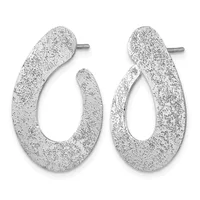 A pair of silver textured teardrop-shaped hoop earrings with stud posts, displayed against a white background.