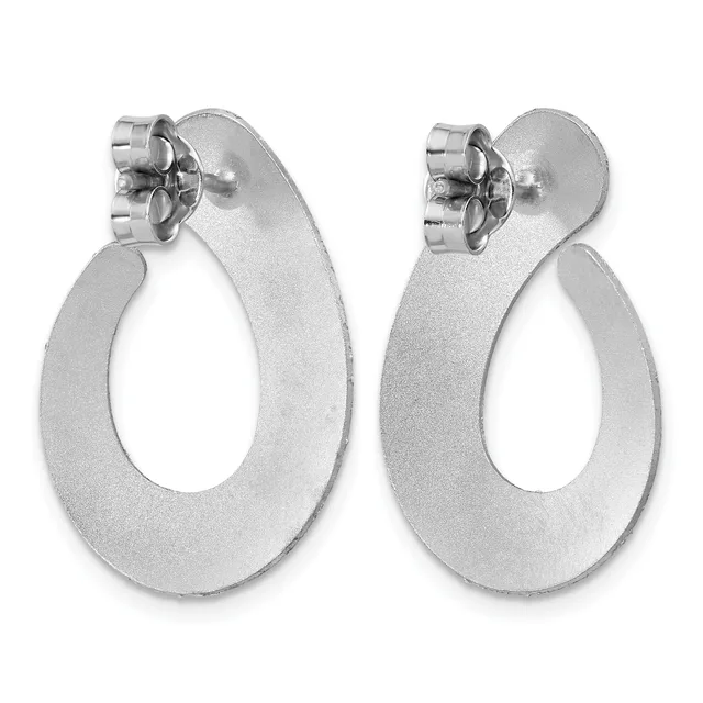A pair of silver teardrop-shaped hoop earrings with a brushed finish and stud backs, shown from the front.